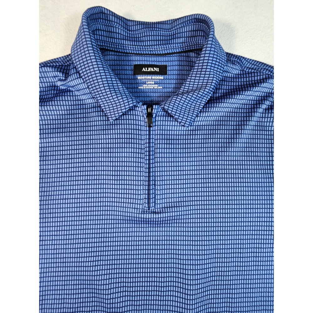 Alfani Mens Blue Dark Blue Grid Quarter Zip Moisture Wicking Polo Shirt Large